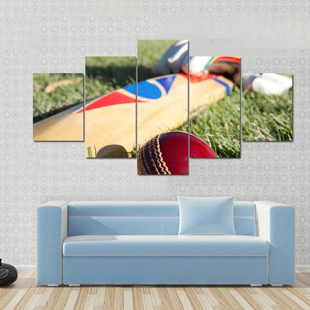 Cricket Ball Bat & Gloves Canvas Wall Art-4 Pop-Gallery Wrap-50" x 32"-Tiaracle
