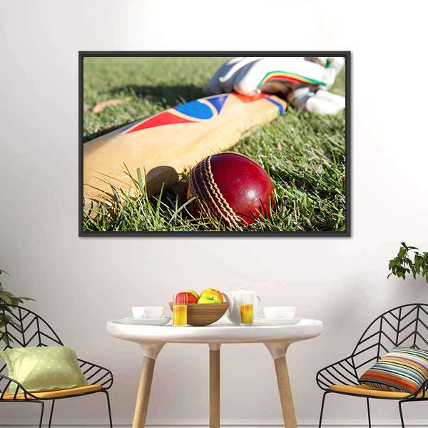 Cricket Ball Bat &amp; Gloves Canvas Wall Art-1 Piece-Floating Frame-24&quot; x 16&quot;-Tiaracle