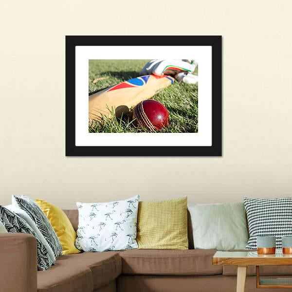 Cricket Ball Bat &amp; Gloves Canvas Wall Art-1 Piece-Framed Print-20&quot; x 16&quot;-Tiaracle