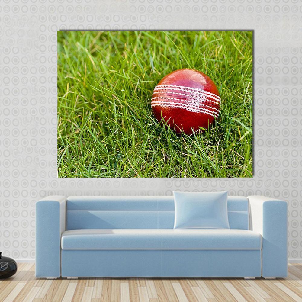 Cricket Ball Canvas Wall Art in red and green, single panel hung on a wall