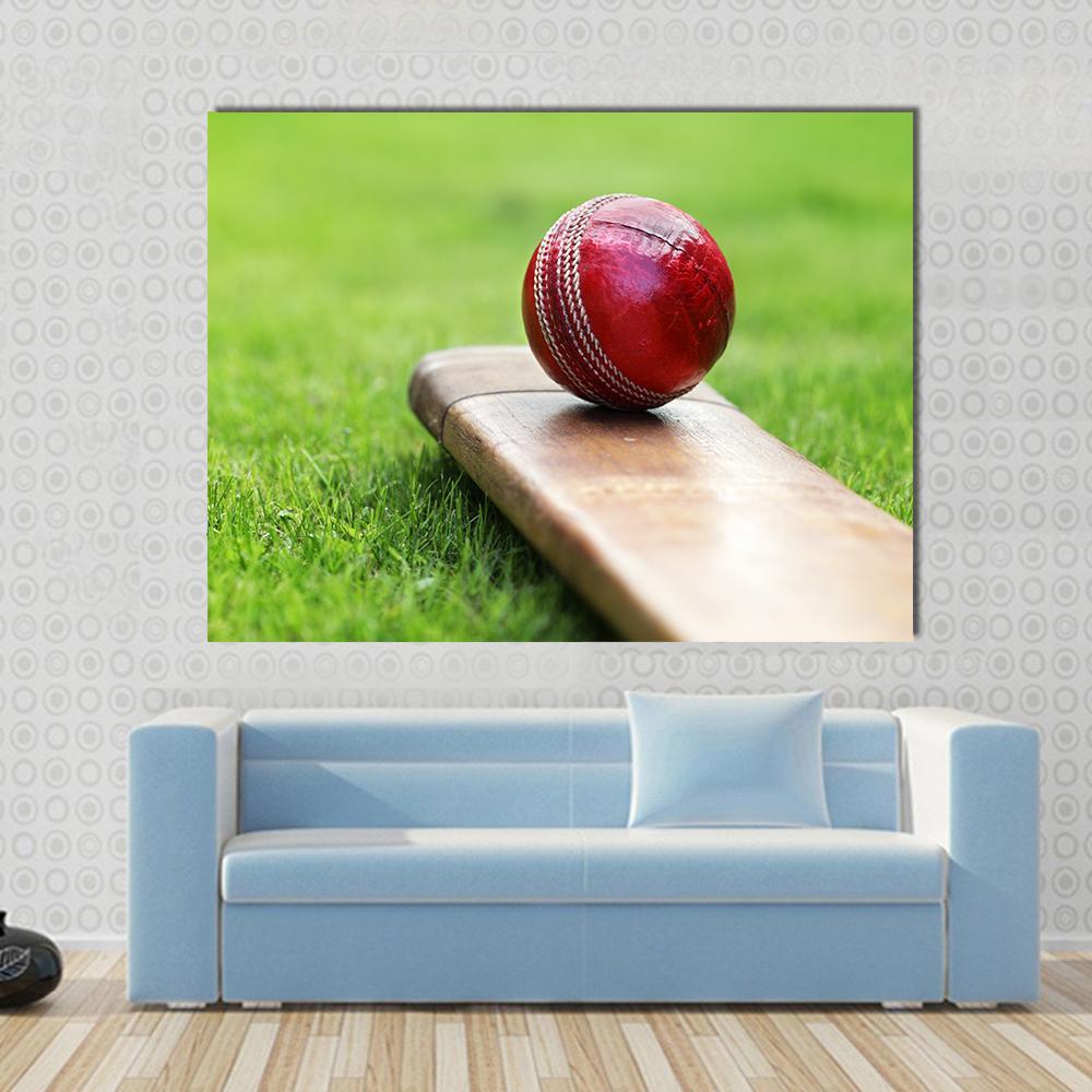 Cricket Ball on Bat Canvas Wall Art in brown, red and green, single panel hung on a wall