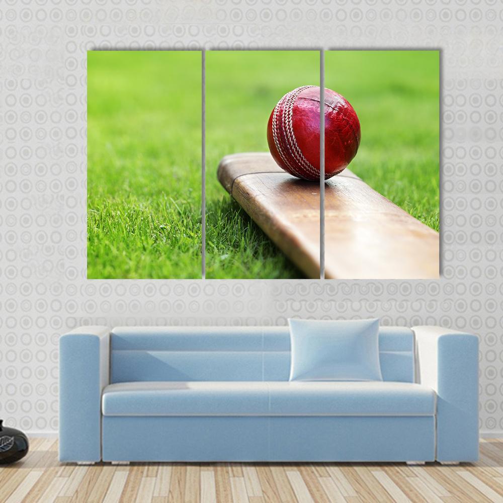 Cricket Ball On Bat Canvas Wall Art-3 Horizontal-Gallery Wrap-37&quot; x 24&quot;-Tiaracle