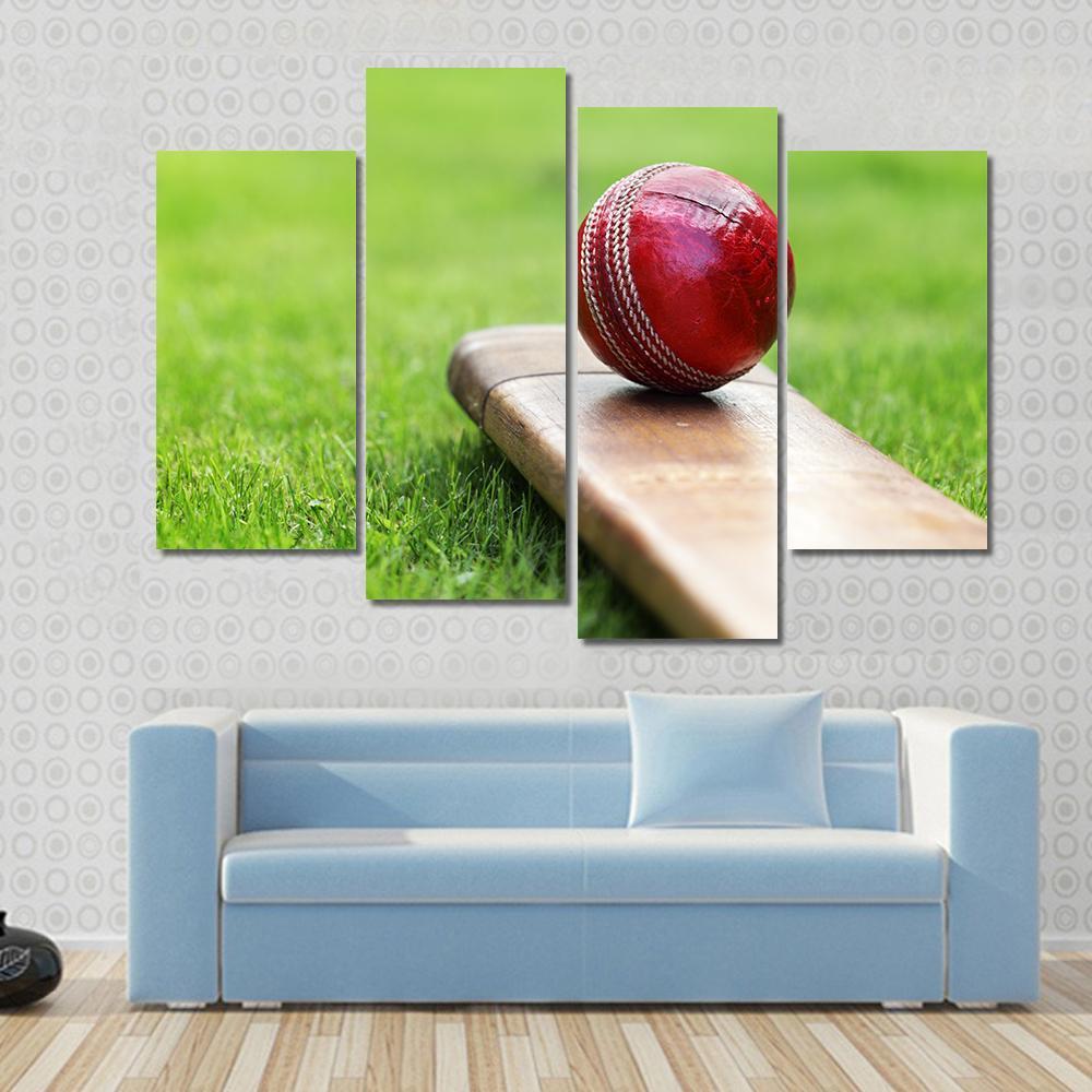 Cricket Ball On Bat Canvas Wall Art-4 Pop-Gallery Wrap-50&quot; x 32&quot;-Tiaracle