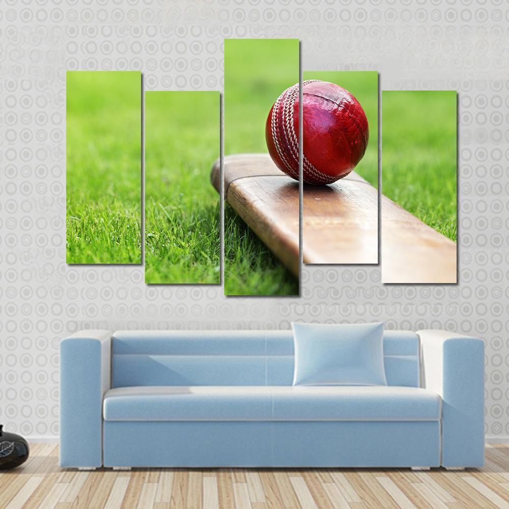 Cricket Ball On Bat Canvas Wall Art-5 Pop-Gallery Wrap-47&quot; x 32&quot;-Tiaracle