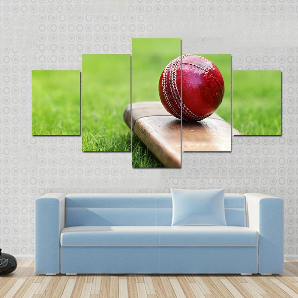 Cricket Ball On Bat Canvas Wall Art-5 Star-Gallery Wrap-62&quot; x 32&quot;-Tiaracle