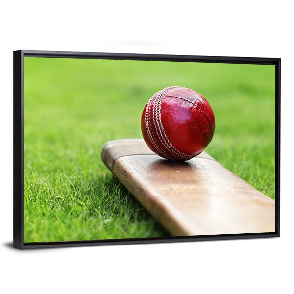 Cricket Ball On Bat Canvas Wall Art-3 Horizontal-Gallery Wrap-25&quot; x 16&quot;-Tiaracle