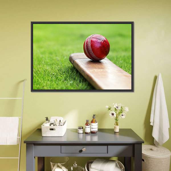 Cricket Ball On Bat Canvas Wall Art-3 Horizontal-Gallery Wrap-25&quot; x 16&quot;-Tiaracle