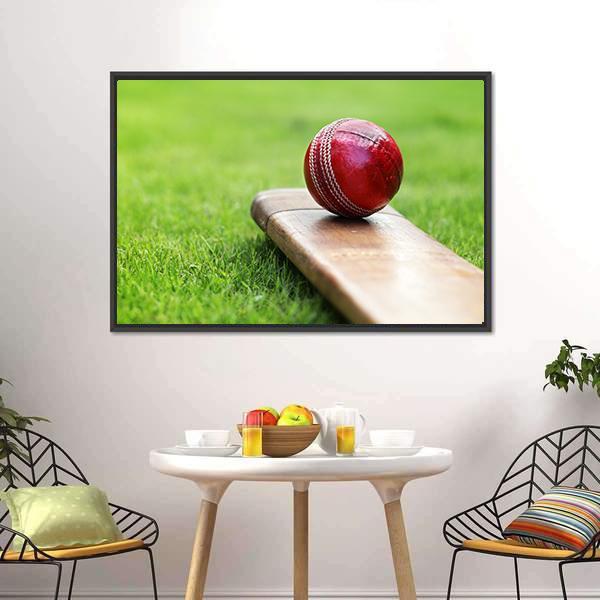 Cricket Ball On Bat Canvas Wall Art-1 Piece-Floating Frame-24&quot; x 16&quot;-Tiaracle