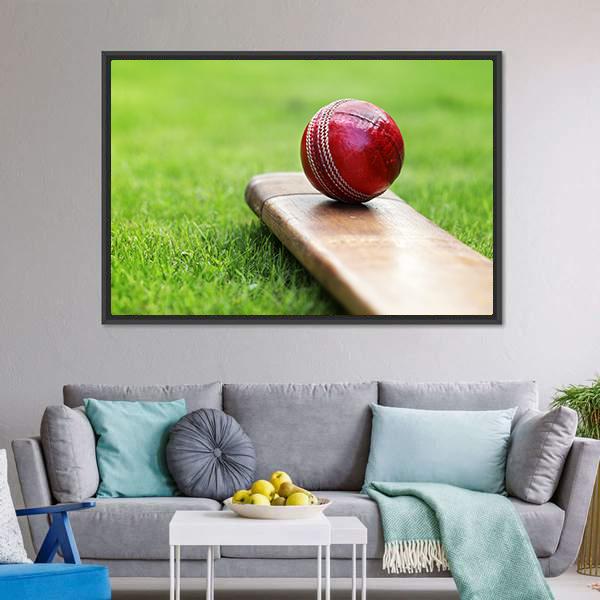 Cricket Ball On Bat Canvas Wall Art-3 Horizontal-Gallery Wrap-25&quot; x 16&quot;-Tiaracle