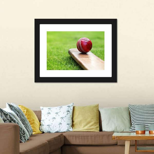 Cricket Ball On Bat Canvas Wall Art-1 Piece-Framed Print-20&quot; x 16&quot;-Tiaracle