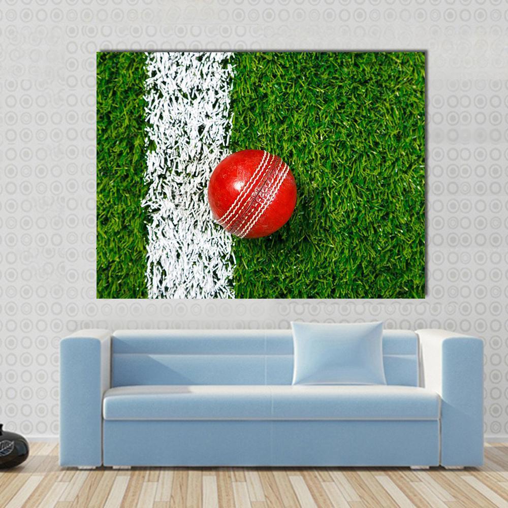 Cricket Ball on Grass Canvas Wall Art in white, red and green, single panel hung on a wall