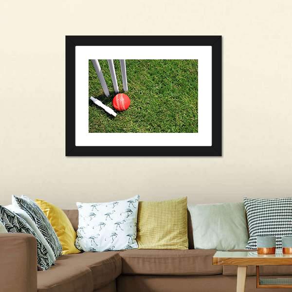 Cricket Ball &amp; Stumps Canvas Wall Art-1 Piece-Framed Print-20" x 16"-Tiaracle