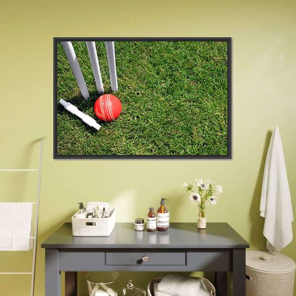 Cricket Ball &amp; Stumps Canvas Wall Art-5 Horizontal-Gallery Wrap-22" x 12"-Tiaracle