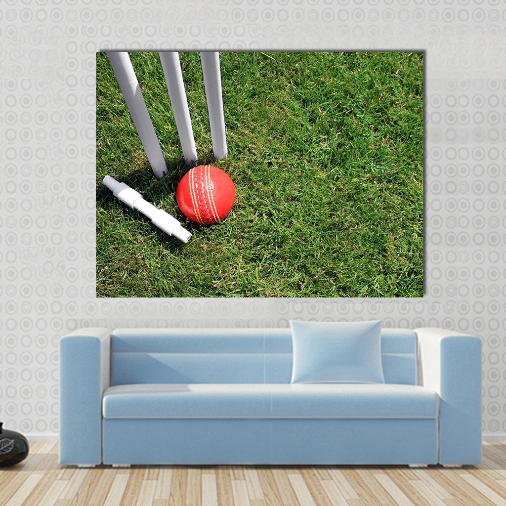 Cricket Ball &amp; Stumps Canvas Wall Art-1 Piece-Gallery Wrap-48&quot; x 32&quot;-Tiaracle