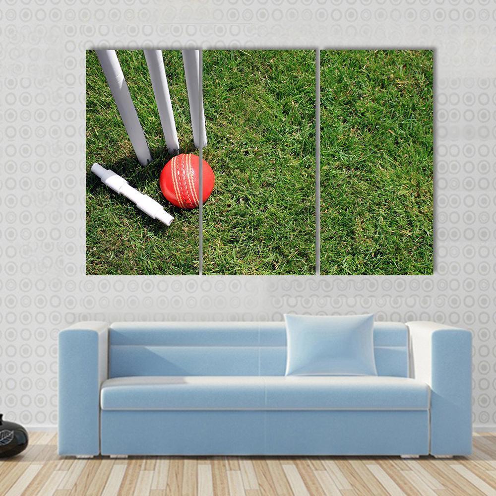 Cricket Ball &amp; Stumps Canvas Wall Art-3 Horizontal-Gallery Wrap-37" x 24"-Tiaracle