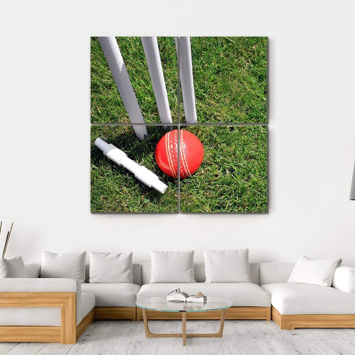 Cricket Ball &amp; Stumps Canvas Wall Art-4 Square-Gallery Wrap-17" x 17"-Tiaracle