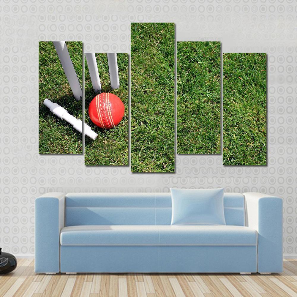 Cricket Ball &amp; Stumps Canvas Wall Art-5 Pop-Gallery Wrap-47&quot; x 32&quot;-Tiaracle