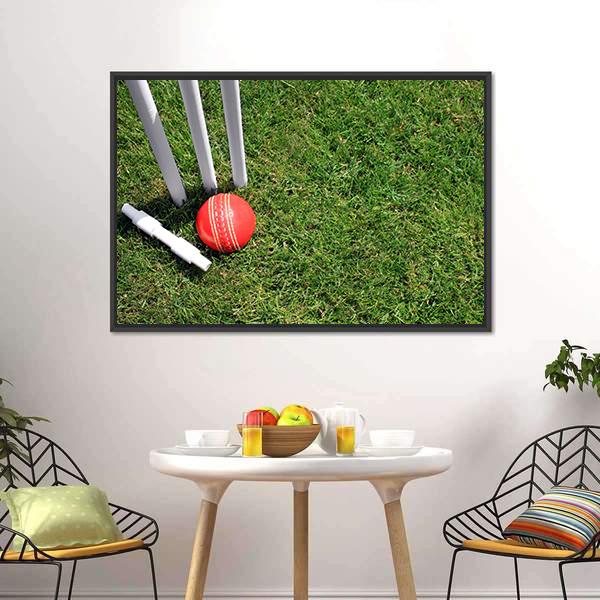 Cricket Ball &amp; Stumps Canvas Wall Art-1 Piece-Floating Frame-24&quot; x 16&quot;-Tiaracle
