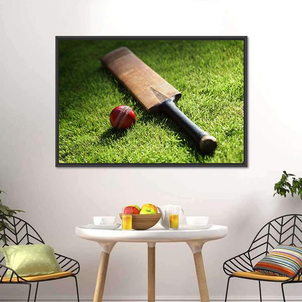 Cricket Bat &amp; Ball Canvas Wall Art-1 Piece-Floating Frame-24&quot; x 16&quot;-Tiaracle
