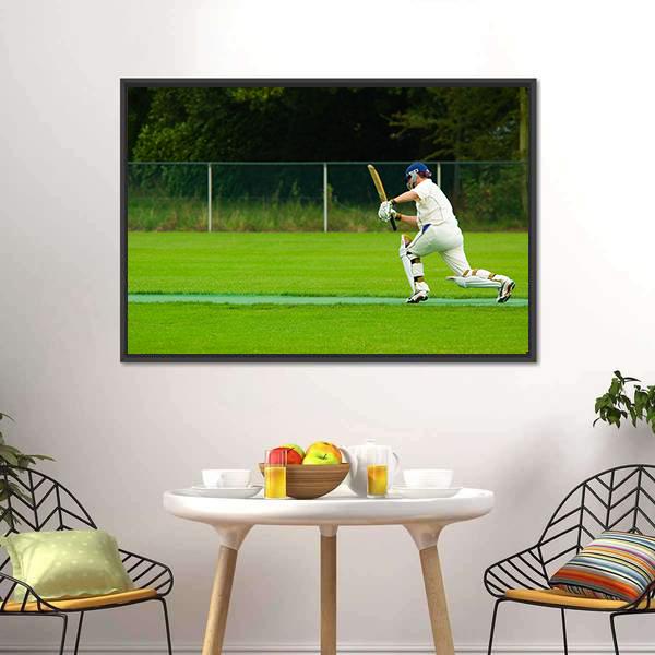 Cricket Player In Action Canvas Wall Art-1 Piece-Floating Frame-24" x 16"-Tiaracle
