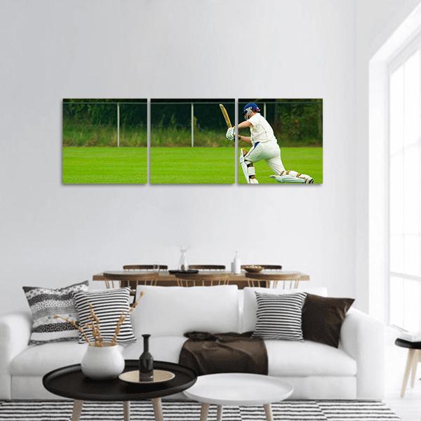 Cricket Player Mid-swing Panoramic Canvas Wall Art in white and green, hung on a wall