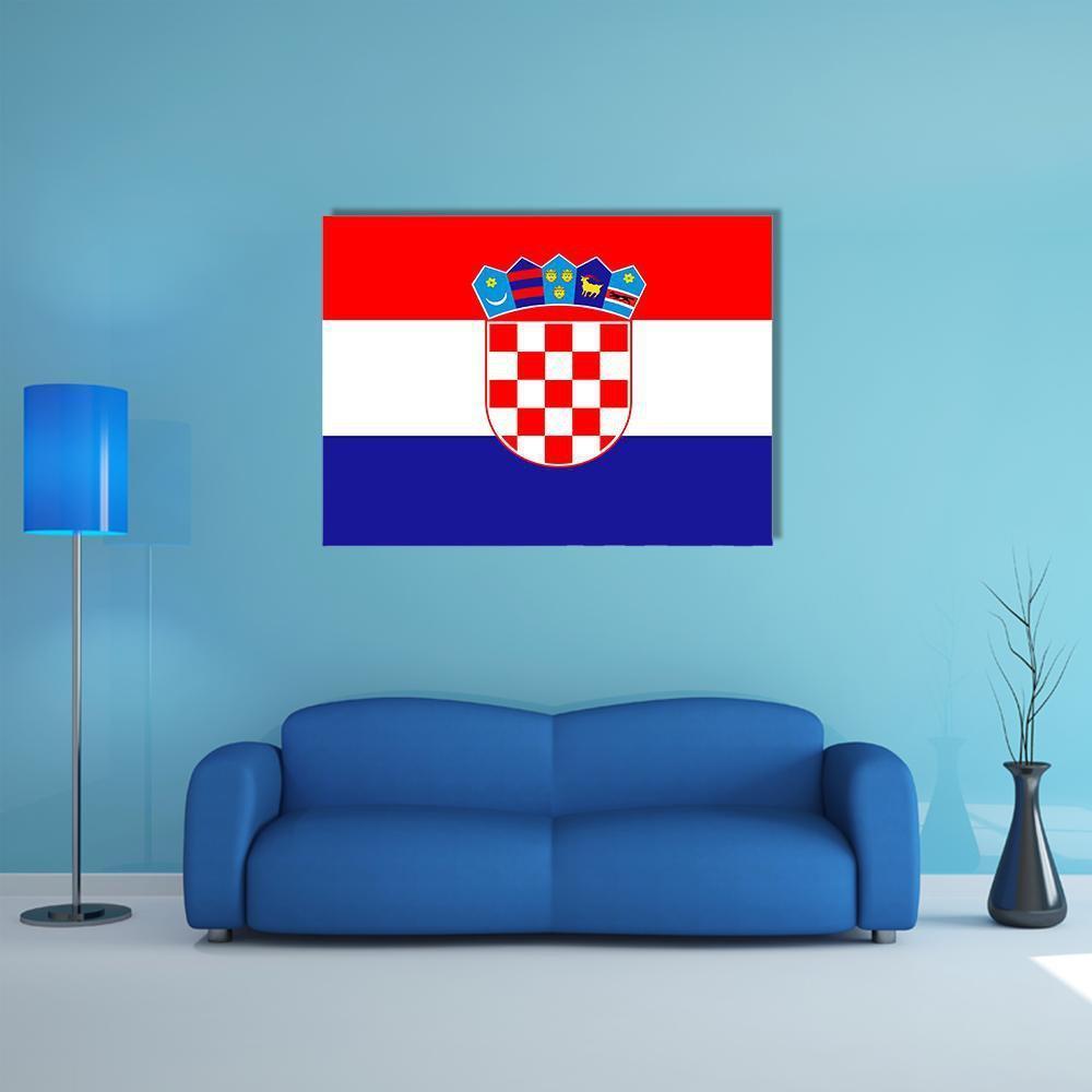 Croatian Flag with Checkerboard Shield and Crown Canvas Wall Art in white, red and blue, single panel hung on a wall