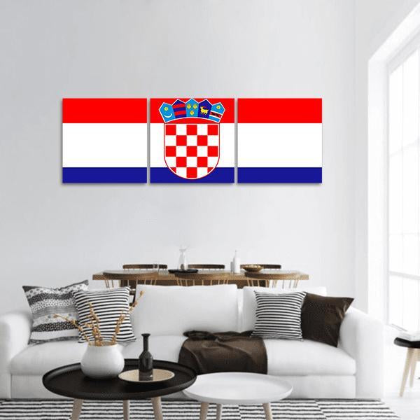 Croatian Flag with Coat of Arms Panoramic Canvas Wall Art in white, red and blue, hung on a wall