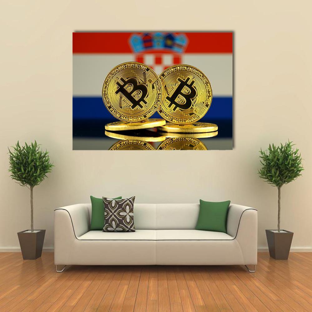 Croatian Flag with Bitcoin Coins Canvas Wall Art in white, gold and red, single panel hung on a wall