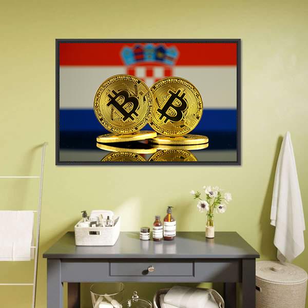 Croatia Flag With Bitcoin Canvas Wall Art-3 Horizontal-Gallery Wrap-25" x 16"-Tiaracle