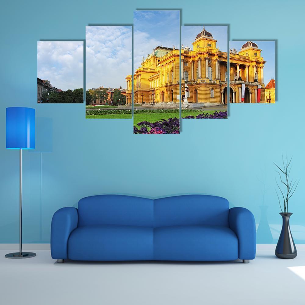 Croatian National Theater with Flowerbeds Canvas Wall Art in yellow, green and blue, 5 panel Star layout hung on a wall