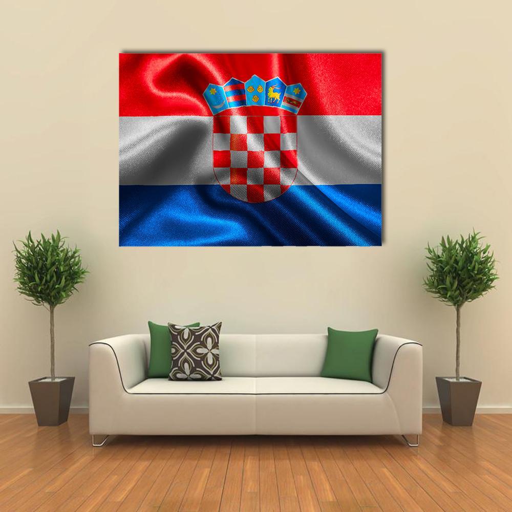 Croatian Waving Flag with Coat of Arms Canvas Wall Art in white, red and blue, single panel hung on a wall
