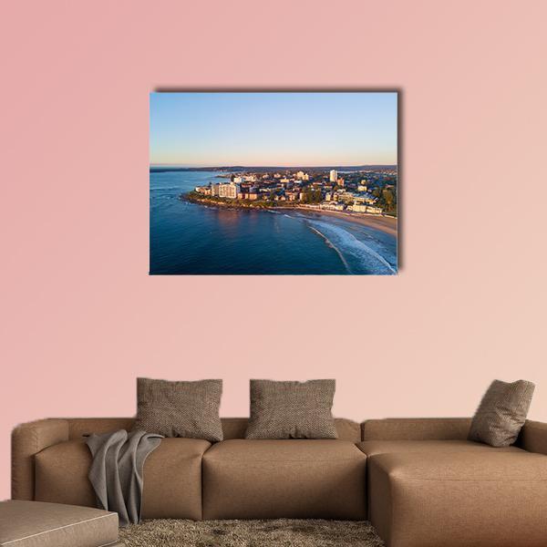 Cronulla Beach Aerial View Canvas Wall Art in white, beige and blue, single panel hung on a wall