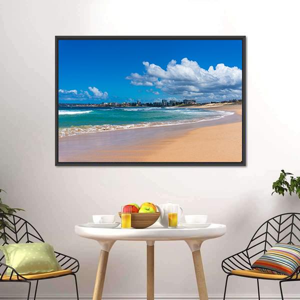 Cronulla Coastline Canvas Wall Art in white, beige and blue, framed canvas, product view on a white background