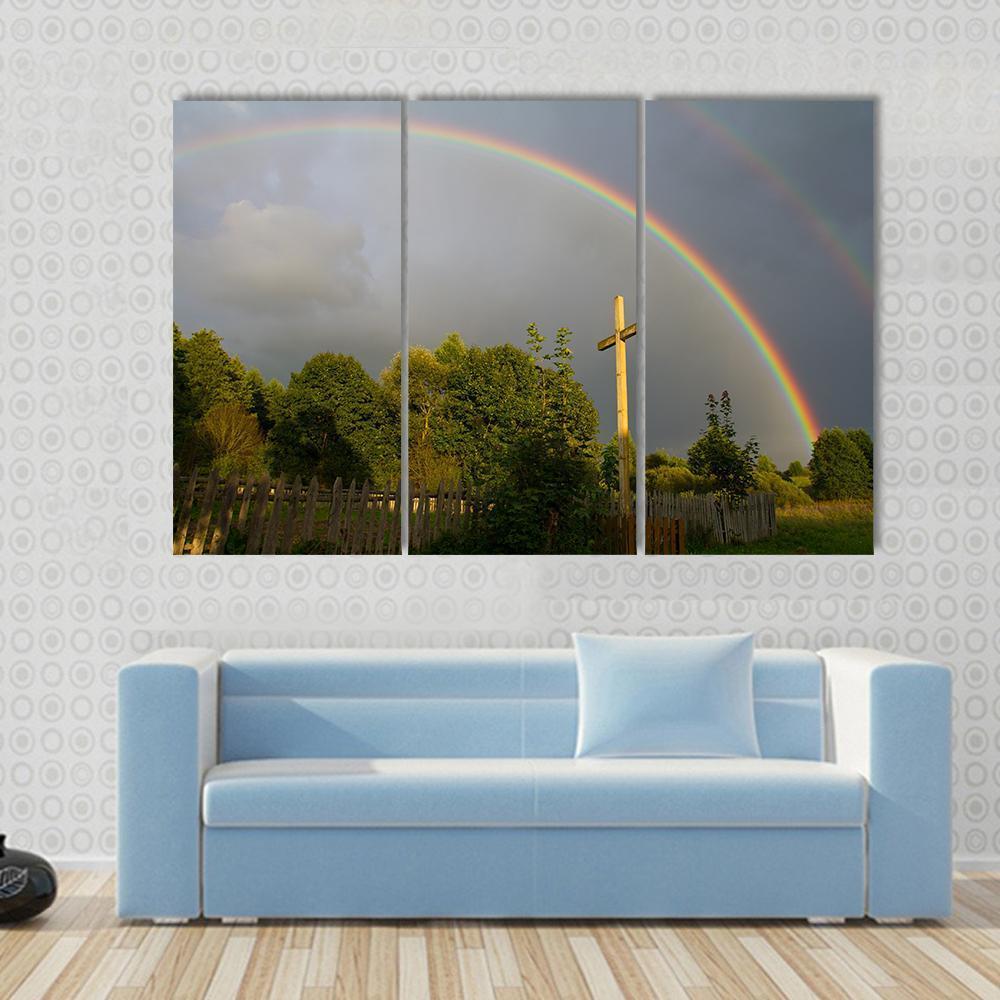 Cross &amp; Rainbow Canvas Wall Art-3 Horizontal-Gallery Wrap-37" x 24"-Tiaracle