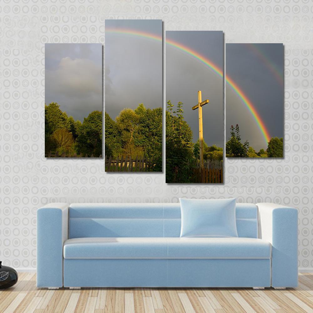 Cross &amp; Rainbow Canvas Wall Art-4 Pop-Gallery Wrap-50" x 32"-Tiaracle