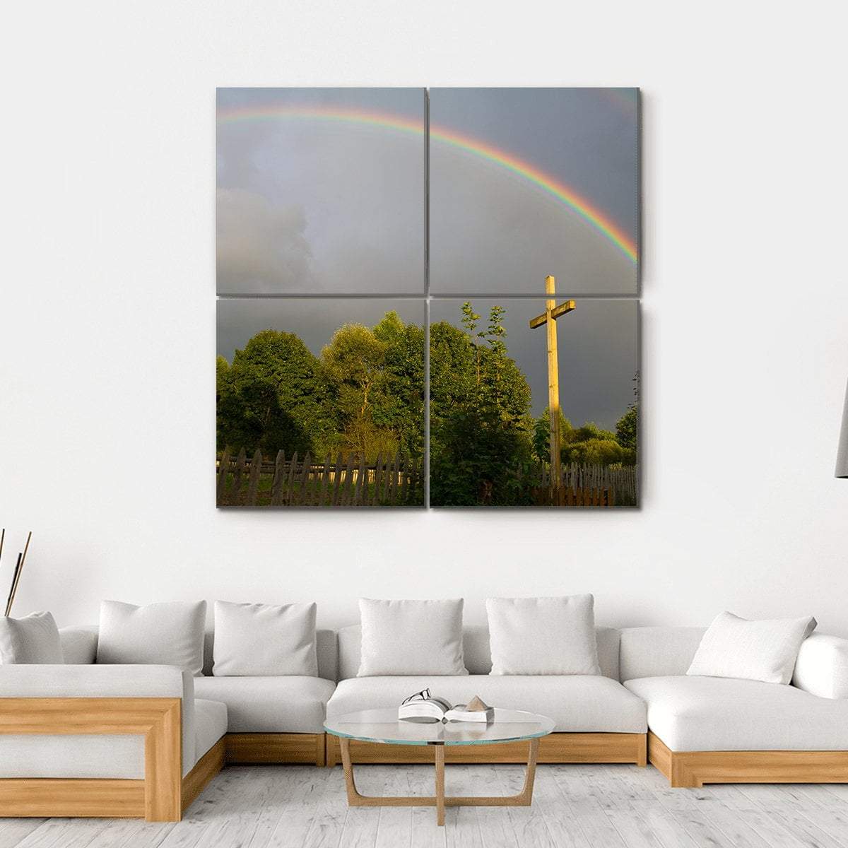 Cross &amp; Rainbow Canvas Wall Art-4 Square-Gallery Wrap-17" x 17"-Tiaracle