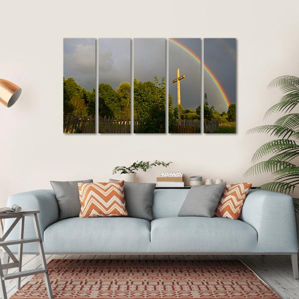 Cross &amp; Rainbow Canvas Wall Art-5 Horizontal-Gallery Wrap-22" x 12"-Tiaracle