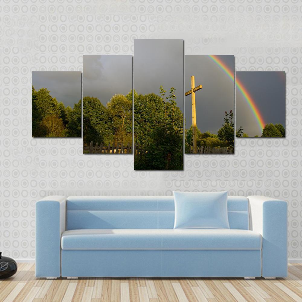 Cross &amp; Rainbow Canvas Wall Art-5 Star-Gallery Wrap-62" x 32"-Tiaracle