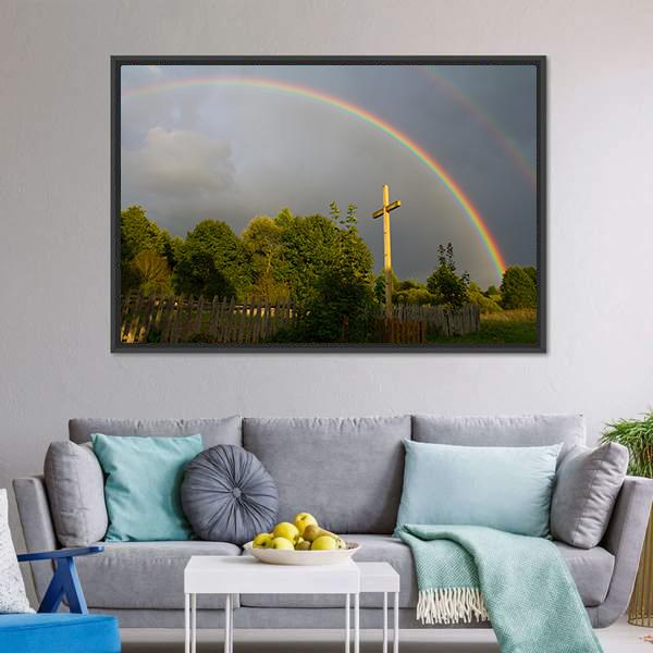 Cross &amp; Rainbow Canvas Wall Art-3 Horizontal-Gallery Wrap-25" x 16"-Tiaracle