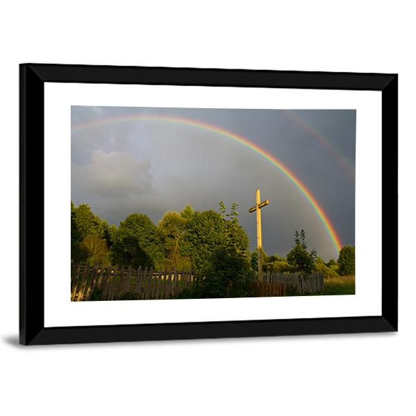 Cross &amp; Rainbow Canvas Wall Art-3 Horizontal-Gallery Wrap-25" x 16"-Tiaracle