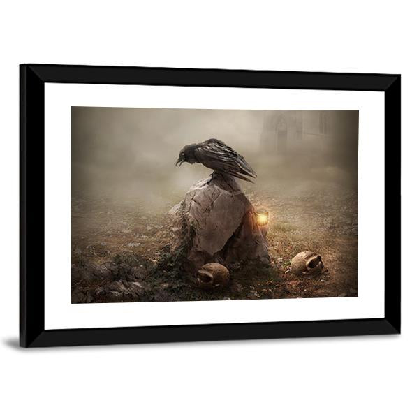 Crow Sitting On Gravestone Canvas Wall Art-5 Horizontal-Gallery Wrap-22" x 12"-Tiaracle