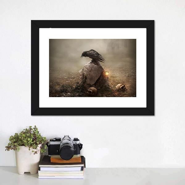 Crow Sitting On Gravestone Canvas Wall Art-5 Horizontal-Gallery Wrap-22" x 12"-Tiaracle