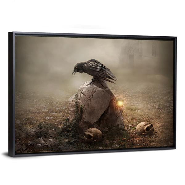 Crow Sitting On Gravestone Canvas Wall Art-5 Horizontal-Gallery Wrap-22" x 12"-Tiaracle
