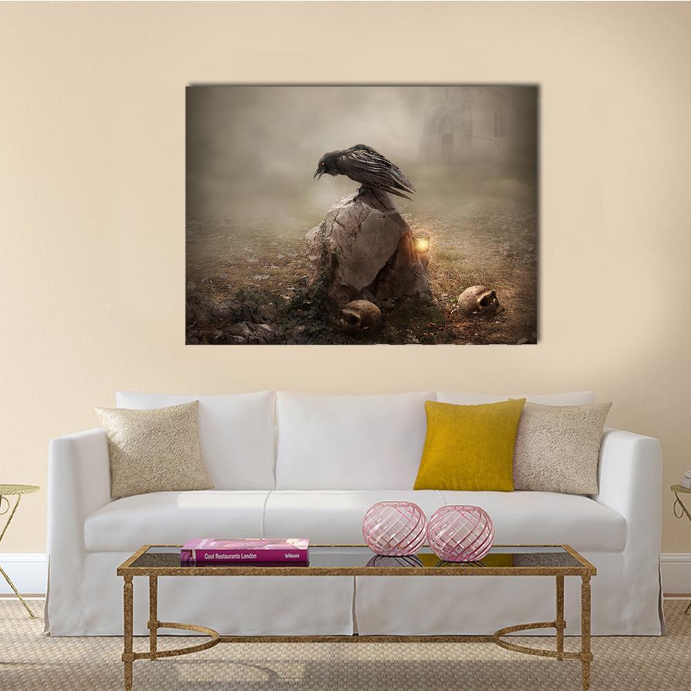 Raven on Gravestone at Twilight Canvas Wall Art in black, gray and brown, single panel hung on a wall
