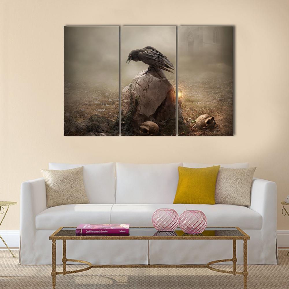 Crow Sitting On Gravestone Canvas Wall Art-3 Horizontal-Gallery Wrap-37" x 24"-Tiaracle