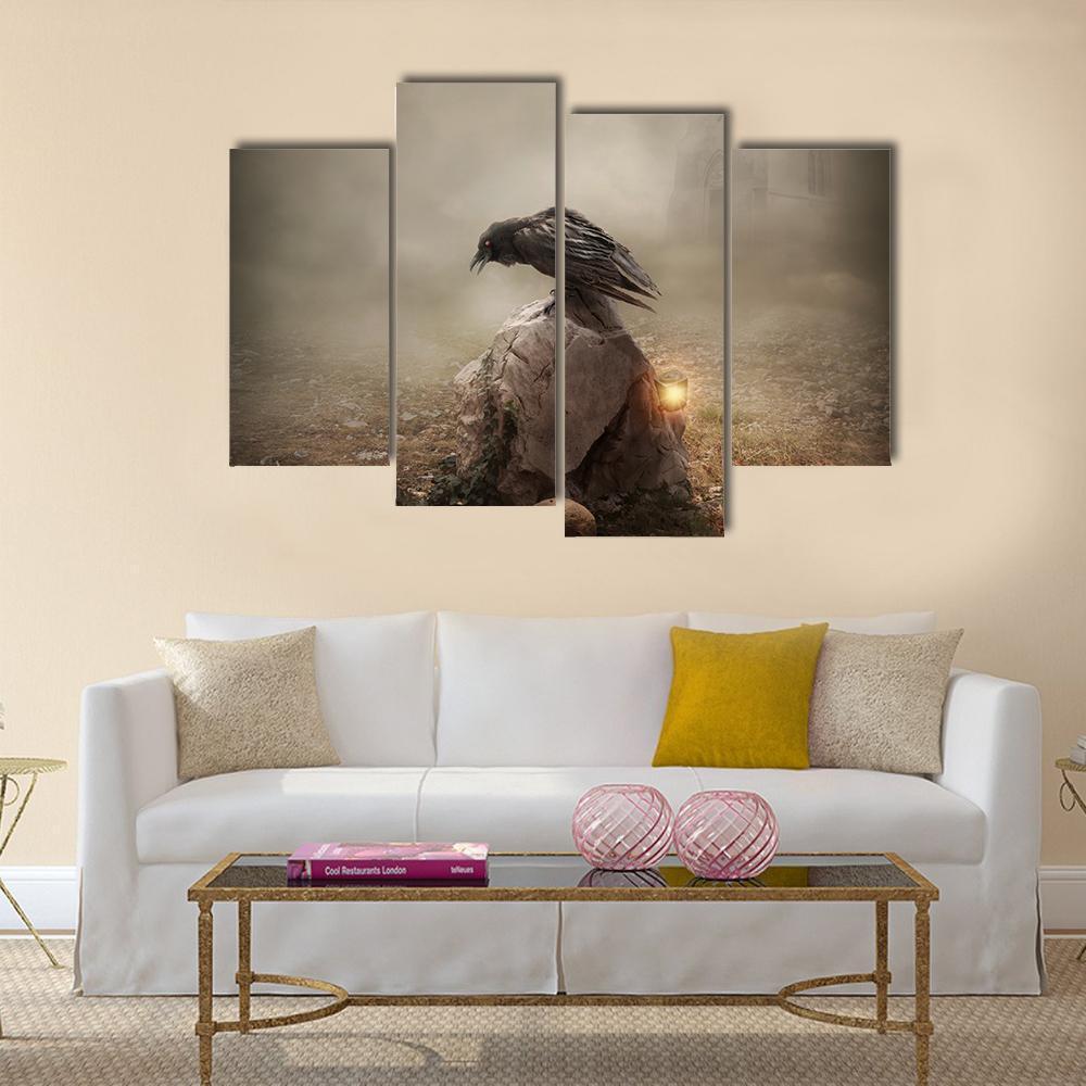 Crow Sitting On Gravestone Canvas Wall Art-4 Pop-Gallery Wrap-50" x 32"-Tiaracle
