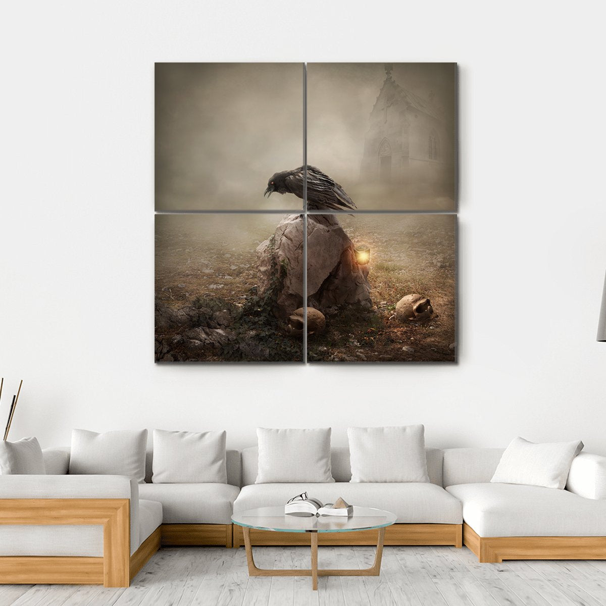 Crow Sitting On Gravestone Canvas Wall Art-4 Square-Gallery Wrap-17" x 17"-Tiaracle