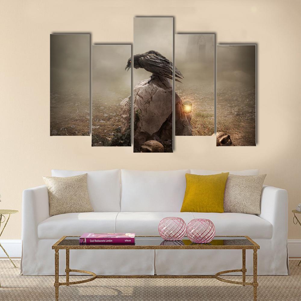 Crow Sitting On Gravestone Canvas Wall Art-5 Pop-Gallery Wrap-47" x 32"-Tiaracle