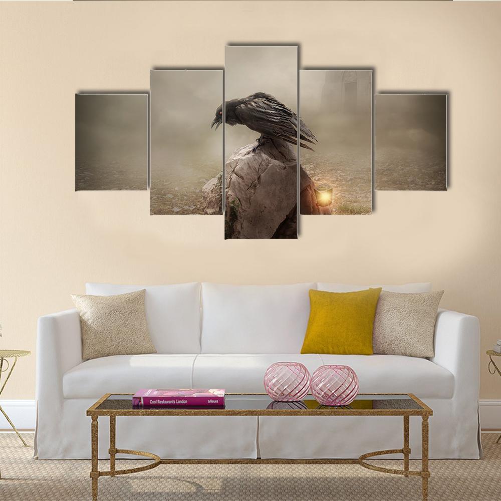 Crow Sitting On Gravestone Canvas Wall Art-5 Star-Gallery Wrap-62" x 32"-Tiaracle