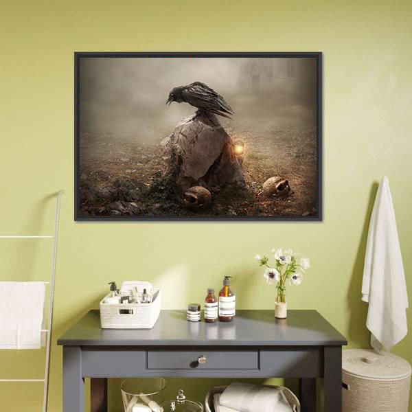 Crow Sitting On Gravestone Canvas Wall Art-3 Horizontal-Gallery Wrap-25" x 16"-Tiaracle